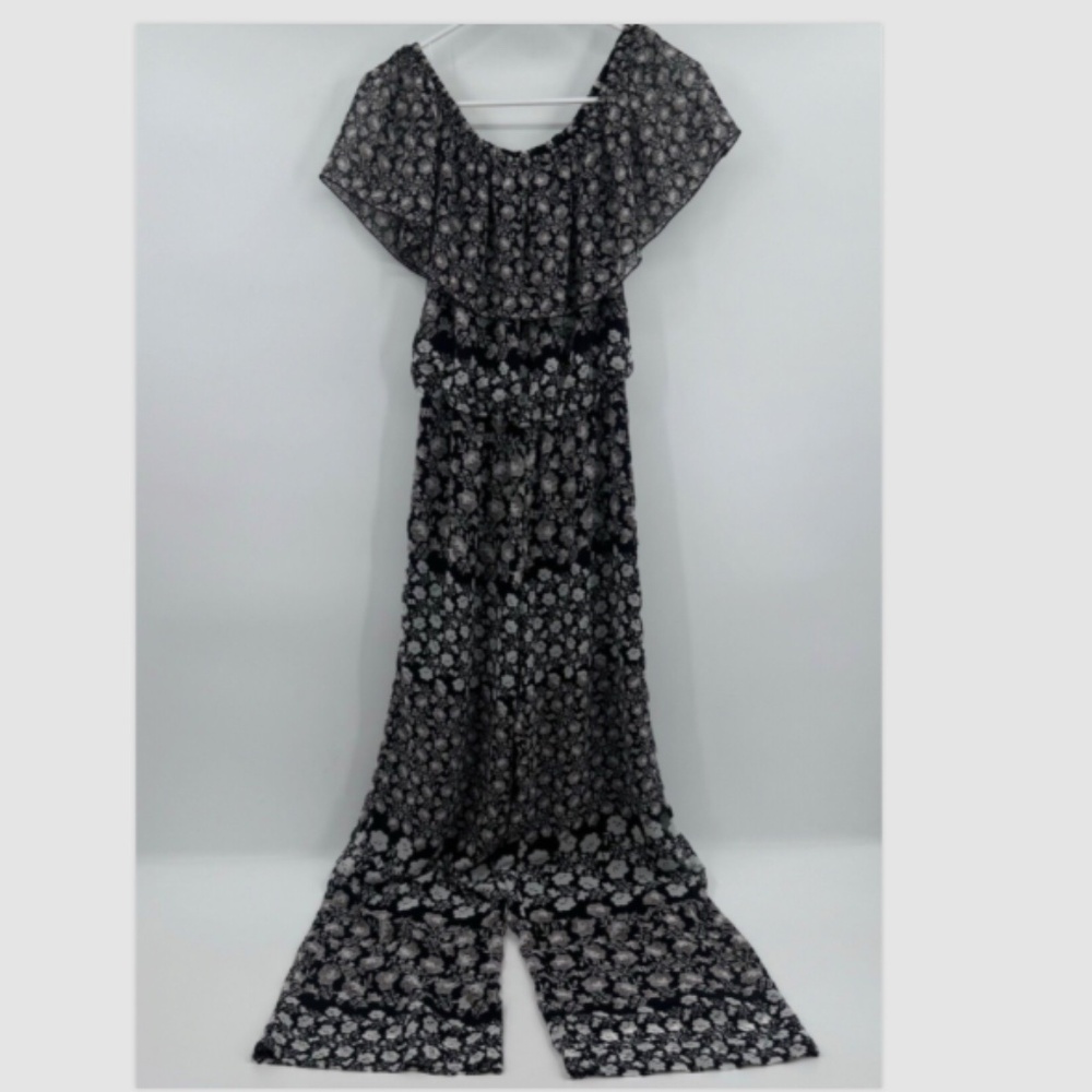 Eliza J Jumpsuit Women 2 Black Floral Off Shoulders Chiffon Boho Hippie Festival